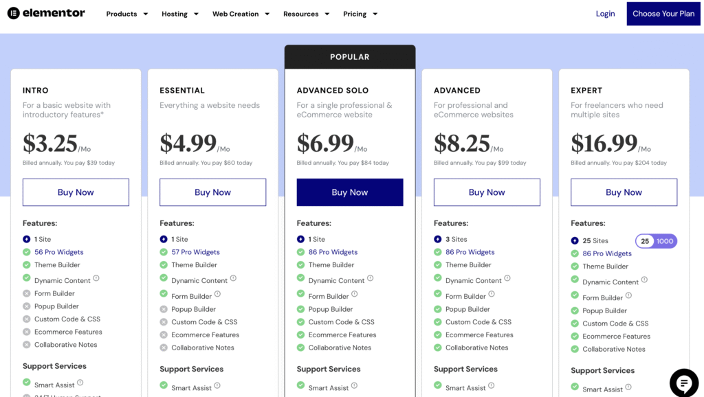 Elementor Pro Pricing Plans